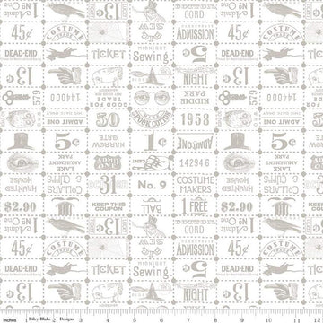 Image of the Costume Maker's Act II Ticket Grid White quilting cotton fabric. Features text on a white background. Cute Little Fabric Shop