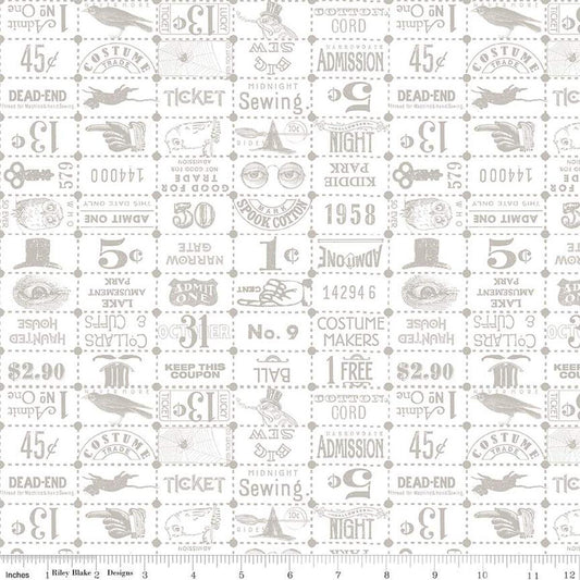 Image of the Costume Maker's Act II Ticket Grid White quilting cotton fabric. Features text on a white background. Cute Little Fabric Shop