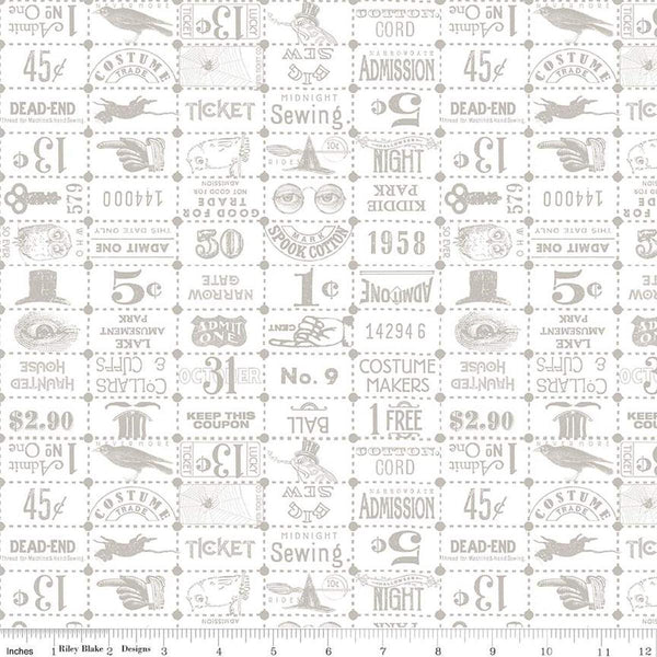 Image of the Costume Maker&#39;s Act II Ticket Grid White quilting cotton fabric. Features text on a white background. Cute Little Fabric Shop