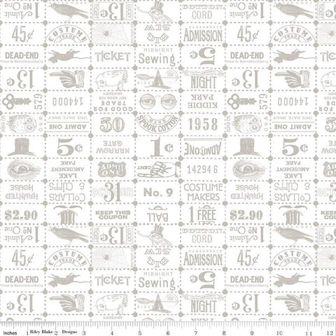 Image of the Costume Maker&#39;s Act II Ticket Grid White quilting cotton fabric. Features text on a white background. Cute Little Fabric Shop