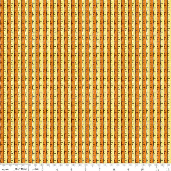 Image of the Costume Maker's Act II Tape Measure Yellow quilting cotton fabric. Features rulers on an orange background. Cute Little Fabric Shop