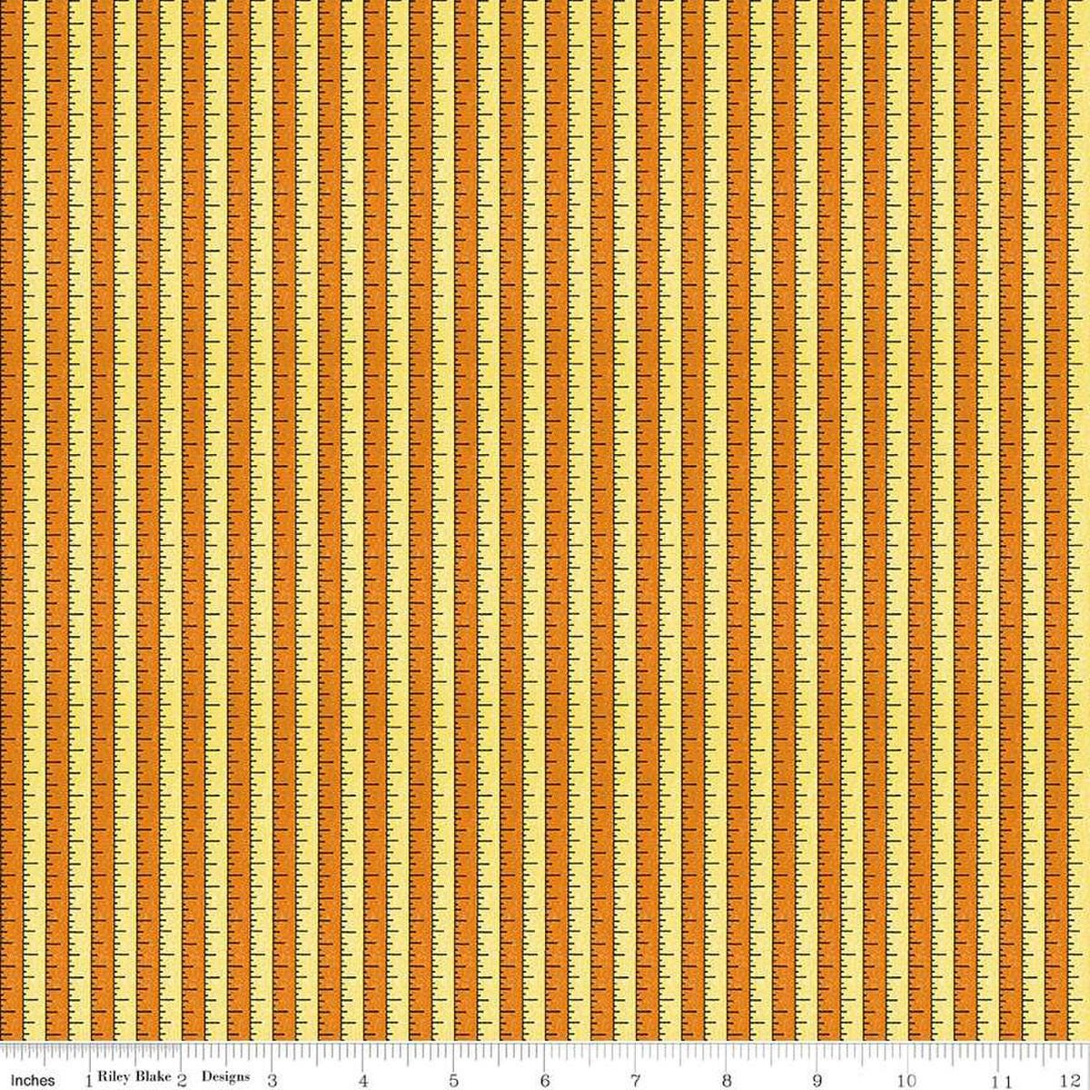 Image of the Costume Maker's Act II Tape Measure Yellow quilting cotton fabric. Features rulers on an orange background. Cute Little Fabric Shop