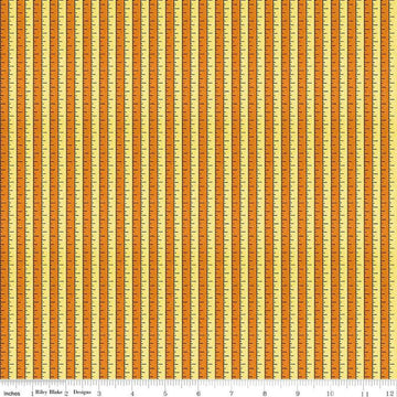 Image of the Costume Maker's Act II Tape Measure Yellow quilting cotton fabric. Features rulers on an orange background. Cute Little Fabric Shop