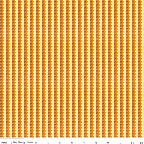Image of the Costume Maker&#39;s Act II Tape Measure Yellow quilting cotton fabric. Features rulers on an orange background. Cute Little Fabric Shop