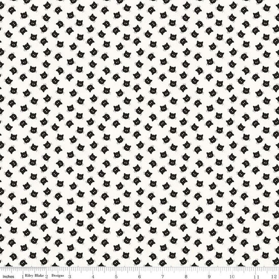 Image of the Costume Maker's Act II Scaredy Cat Buttons White quilting cotton fabric. Features cats on a white background. Cute Little Fabric Shop