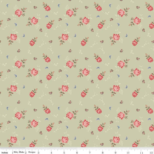 Anne of Green Gables Roses C16124 Sage - Riley Blake Designs - Flowers Floral Butterflies - Quilting Cotton Fabric - Licensed Product