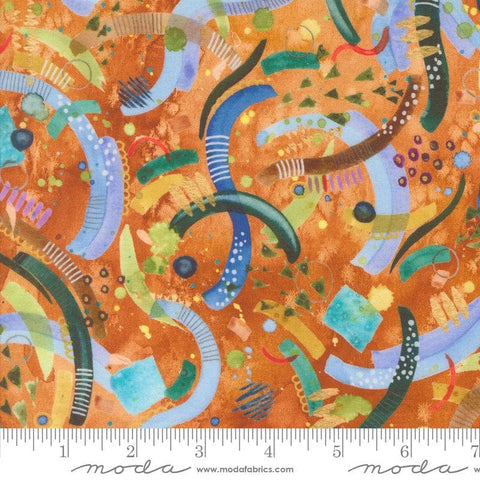 Image of the Wanderlust Watercolor Red Ochre quilting cotton fabric. Features lines on a tan background. Cute Little Fabric Shop
