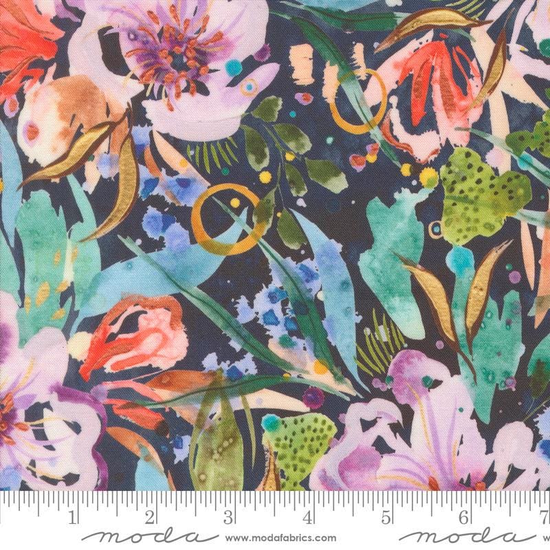 Image of the Wanderlust Floret Twilight quilting cotton fabric. Features flowers on a blue background. Cute Little Fabric Shop