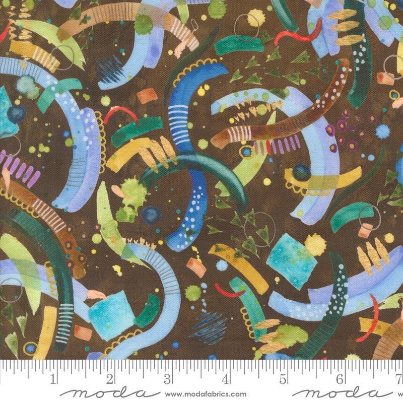 Image of the Wanderlust Watercolor Earth quilting cotton fabric. Features lines on a brown background. Cute Little Fabric Shop