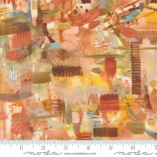 Image of the Wanderlust Natures Red Ochre quilting cotton fabric. Features lines on a tan background. Cute Little Fabric Shop