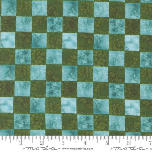 Image of the Wanderlust Checks Lagoon quilting cotton fabric. Features plaid on a green background. Cute Little Fabric Shop