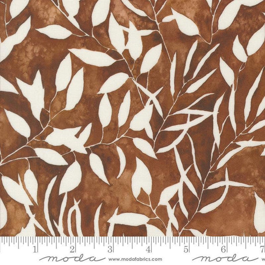 Image of the Wanderlust Leaf Soil quilting cotton fabric. Features abstract ombre on a brown background. Cute Little Fabric Shop