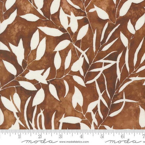 Image of the Wanderlust Leaf Soil quilting cotton fabric. Features abstract ombre on a brown background. Cute Little Fabric Shop