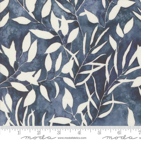 Image of the Wanderlust Leaf Twilight quilting cotton fabric. Features abstract ombre on a blue background. Cute Little Fabric Shop