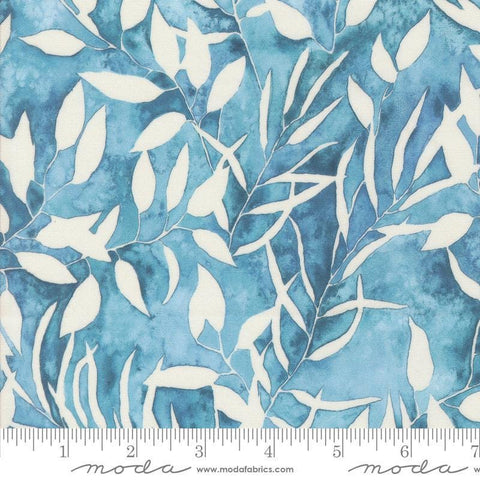 Image of the Wanderlust Leaf River quilting cotton fabric. Features abstract ombre on a blue background. Cute Little Fabric Shop