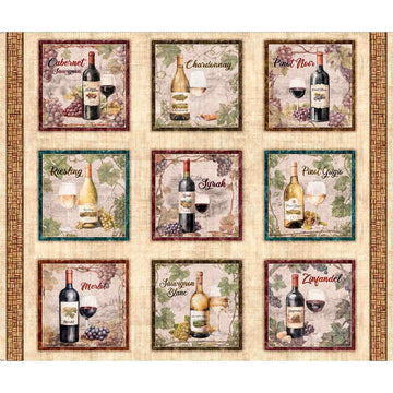 Cork & Barrel Wine Bottle Picture Patches Panel 31166 Multi X - QT Fabrics - Alcohol Wine Spirits Barrels  - Quilting Cotton Fabric