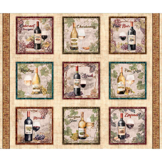 Cork & Barrel Wine Bottle Picture Patches Panel 31166 Multi X - QT Fabrics - Alcohol Wine Spirits Barrels  - Quilting Cotton Fabric