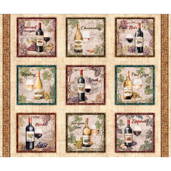 Cork & Barrel Wine Bottle Picture Patches Panel 31166 Multi X - by QT Fabrics - Alcohol Wine Spirits Barrels  - Quilting Cotton Fabric