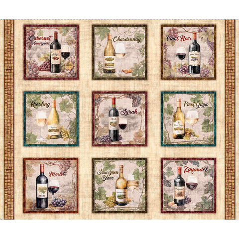 Cork & Barrel Wine Bottle Picture Patches Panel 31166 Multi X - by QT Fabrics - Alcohol Wine Spirits Barrels  - Quilting Cotton Fabric