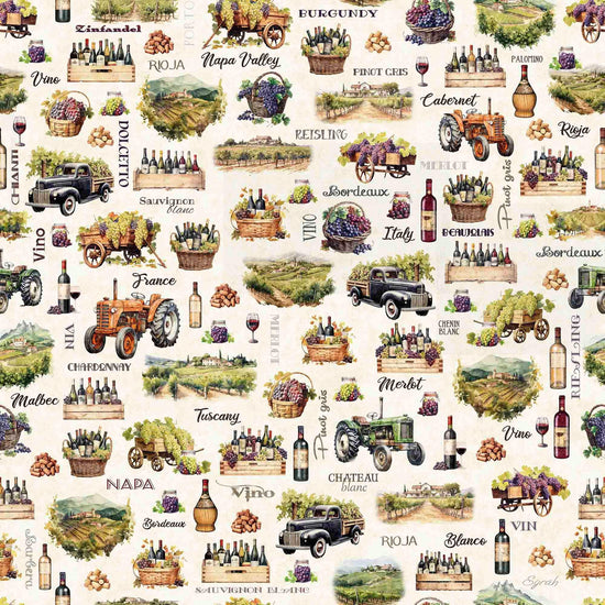 Image of the Cork & Barrel Wine Motifs and Region Cream quilting cotton fabric by Morris Creative Group for QT Fabrics. Features wine icons on a cream background. Cute Little Fabric Shop