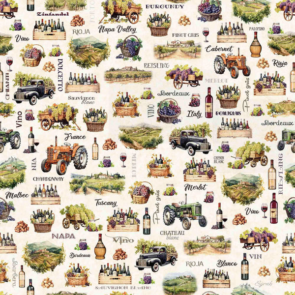 Image of the Cork & Barrel Wine Motifs and Region Cream quilting cotton fabric by Morris Creative Group for QT Fabrics. Features wine icons on a cream background. Cute Little Fabric Shop