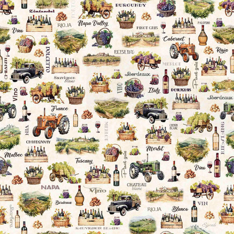 Image of the Cork & Barrel Wine Motifs and Region Cream quilting cotton fabric by Morris Creative Group for QT Fabrics. Features wine icons on a cream background. Cute Little Fabric Shop