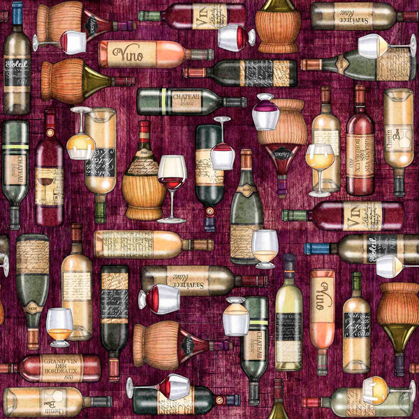 Image of the Cork & Barrel Wine Bottle and Glasses Burgundy quilting cotton fabric by Morris Creative Group for QT Fabrics. Features wine icons on a purple background. Cute Little Fabric Shop