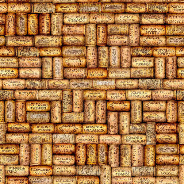 Image of the Cork & Barrel Wine Corks Gold quilting cotton fabric by Morris Creative Group for QT Fabrics. Features wine corks on a gold background. Cute Little Fabric Shop