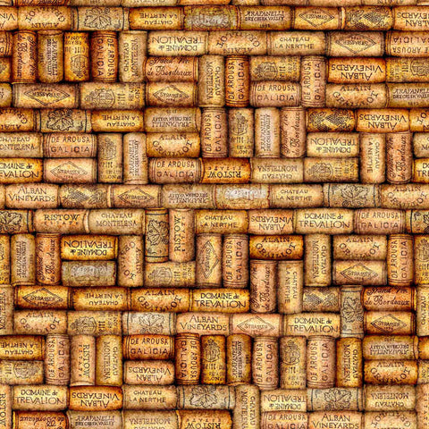 Image of the Cork & Barrel Wine Corks Gold quilting cotton fabric by Morris Creative Group for QT Fabrics. Features wine corks on a gold background. Cute Little Fabric Shop