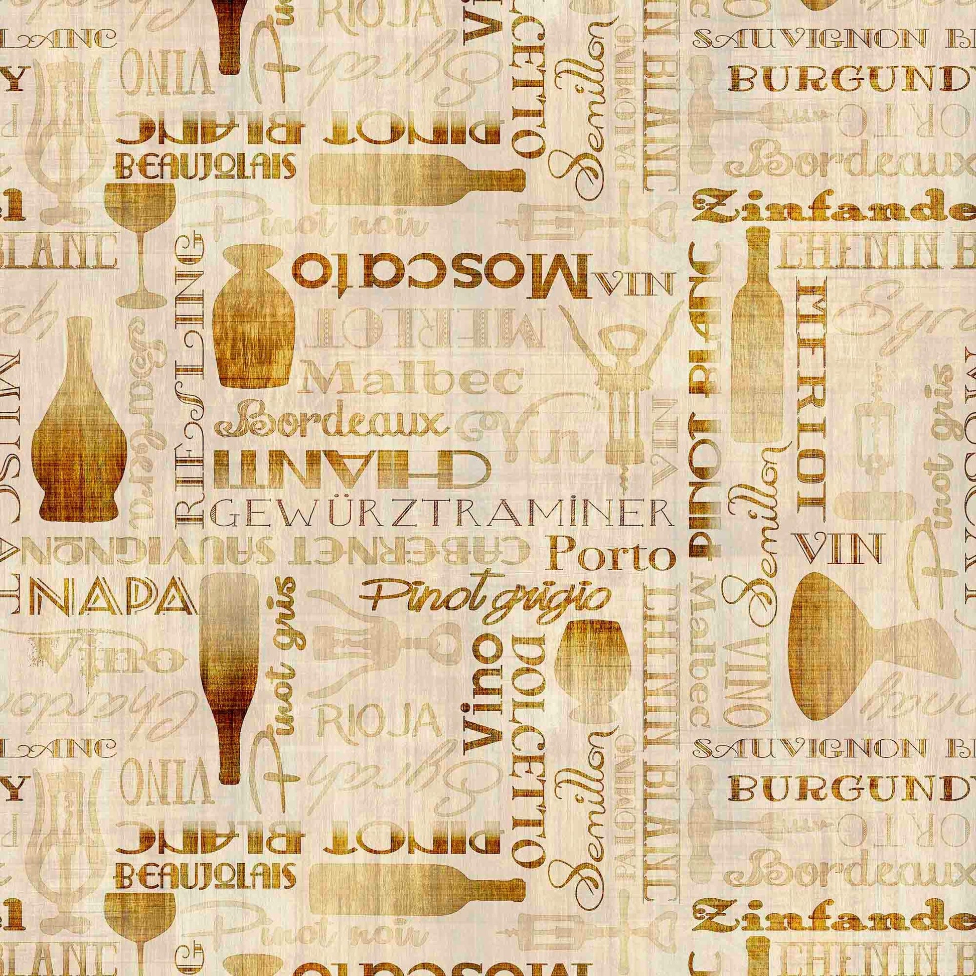 Image of the Cork & Barrel Wine Bottle and Woods Tonal Cream quilting cotton fabric by Morris Creative Group for QT Fabrics. Features wine icons on a cream background. Cute Little Fabric Shop