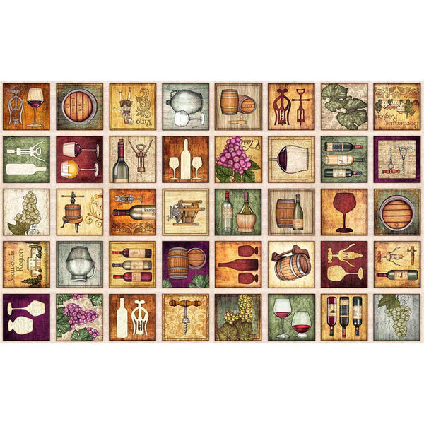 Cork & Barrel Small Wine Patches Panel 31175 Multi X - by QT Fabrics - Wine Bottles Glasses Alcohol Corks - Quilting Cotton Fabric