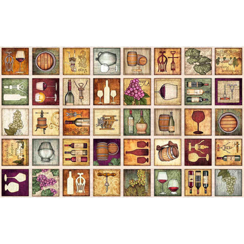 Cork & Barrel Small Wine Patches Panel 31175 Multi X - by QT Fabrics - Wine Bottles Glasses Alcohol Corks - Quilting Cotton Fabric