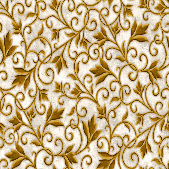 Image of the Heavenly Night Scroll Cream quilting cotton fabric by Marcello Corti for QT Fabrics. Features an ornate swirl design on a cream background. Cute Little Fabric Shop