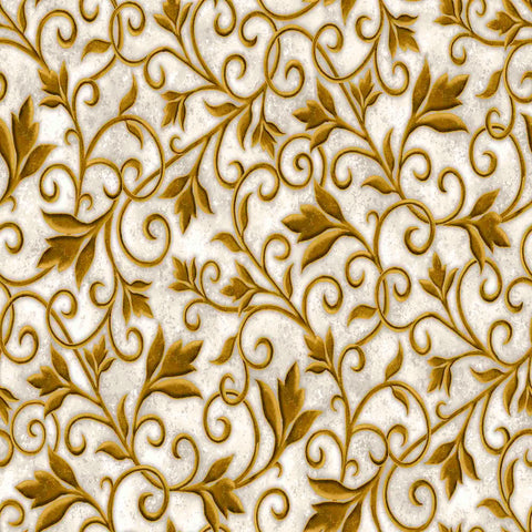 Image of the Heavenly Night Scroll Cream quilting cotton fabric by Marcello Corti for QT Fabrics. Features an ornate swirl design on a cream background. Cute Little Fabric Shop