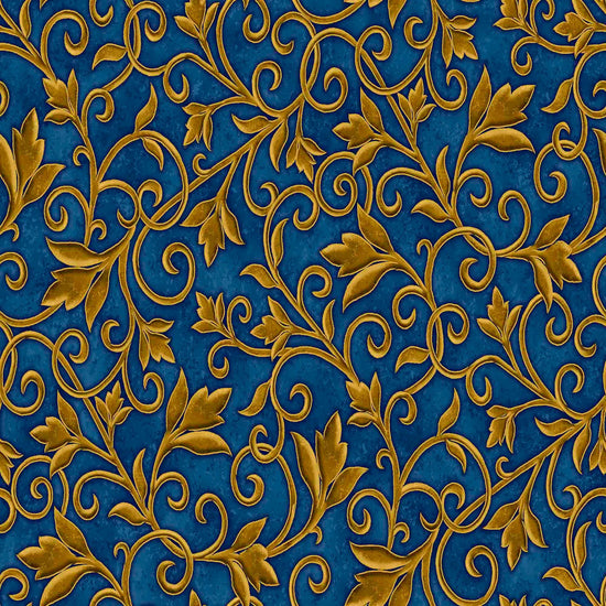 Image of the Heavenly Night Scroll Navy quilting cotton fabric by Marcello Corti for QT Fabrics. Features an ornate swirl design on a blue background. Cute Little Fabric Shop
