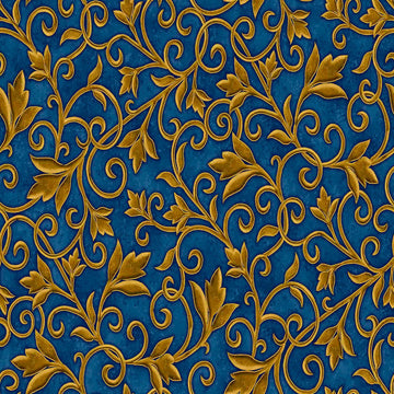 Image of the Heavenly Night Scroll Navy quilting cotton fabric by Marcello Corti for QT Fabrics. Features an ornate swirl design on a blue background. Cute Little Fabric Shop