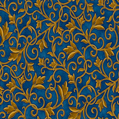 Image of the Heavenly Night Scroll Navy quilting cotton fabric by Marcello Corti for QT Fabrics. Features an ornate swirl design on a blue background. Cute Little Fabric Shop