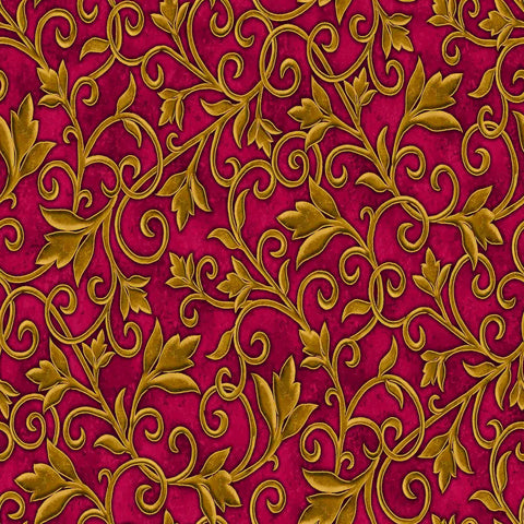 Image of the Heavenly Night Scroll Red quilting cotton fabric by Marcello Corti for QT Fabrics. Features an ornate swirl design on a red background. Cute Little Fabric Shop