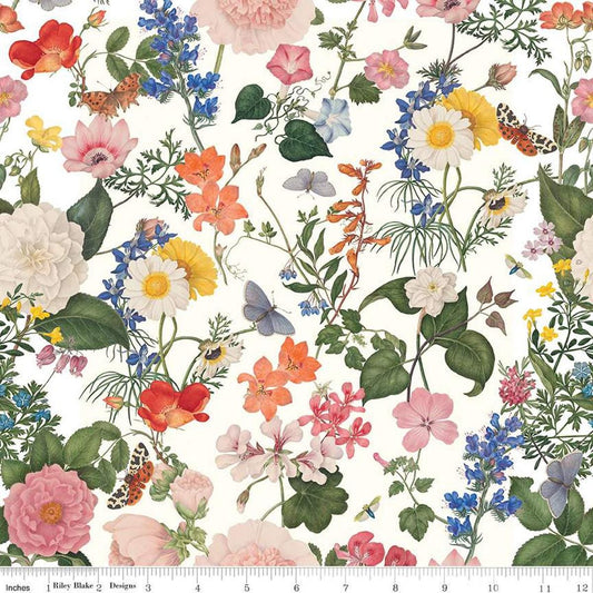 Image of the Nature's Portrait Main White quilting cotton fabric by Riley Blake Designs. Features flowers on a white background. Cute Little Fabric Shop