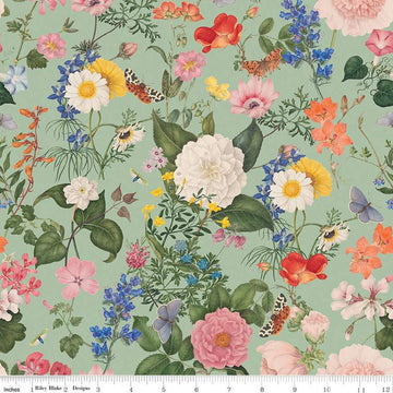 Image of the Nature's Portrait Main Sage quilting cotton fabric by Riley Blake Designs. Features flowers on a green background. Cute Little Fabric Shop