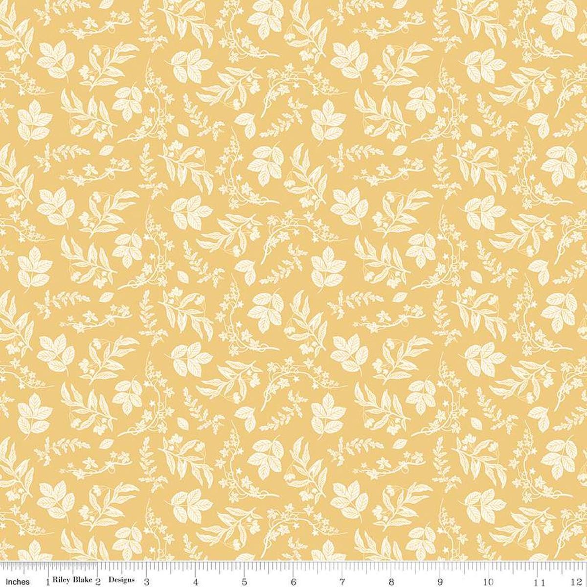 Image of the Nature's Portrait Branches Yellow quilting cotton fabric by Riley Blake Designs. Features branches on a yellow background. Cute Little Fabric Shop