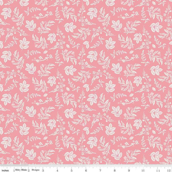 Image of the Nature's Portrait Branches Petal quilting cotton fabric by Riley Blake Designs. Features leaves on a pink background. Cute Little Fabric Shop