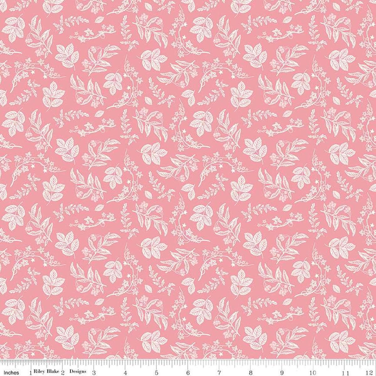 Image of the Nature's Portrait Branches Petal quilting cotton fabric by Riley Blake Designs. Features leaves on a pink background. Cute Little Fabric Shop