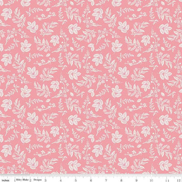 Image of the Nature's Portrait Branches Petal quilting cotton fabric by Riley Blake Designs. Features leaves on a pink background. Cute Little Fabric Shop