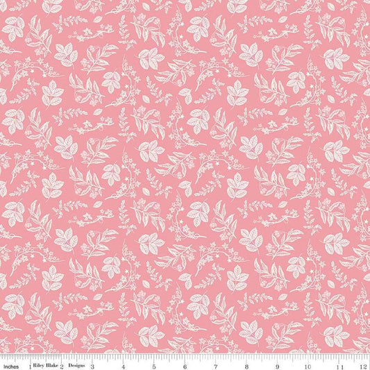 Image of the Nature's Portrait Branches Petal quilting cotton fabric by Riley Blake Designs. Features leaves on a pink background. Cute Little Fabric Shop