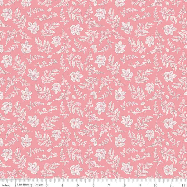 Image of the Nature&#39;s Portrait Branches Petal quilting cotton fabric by Riley Blake Designs. Features leaves on a pink background. Cute Little Fabric Shop