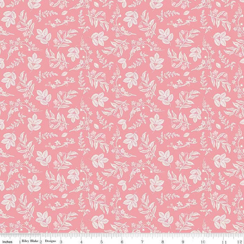 Image of the Nature&#39;s Portrait Branches Petal quilting cotton fabric by Riley Blake Designs. Features leaves on a pink background. Cute Little Fabric Shop