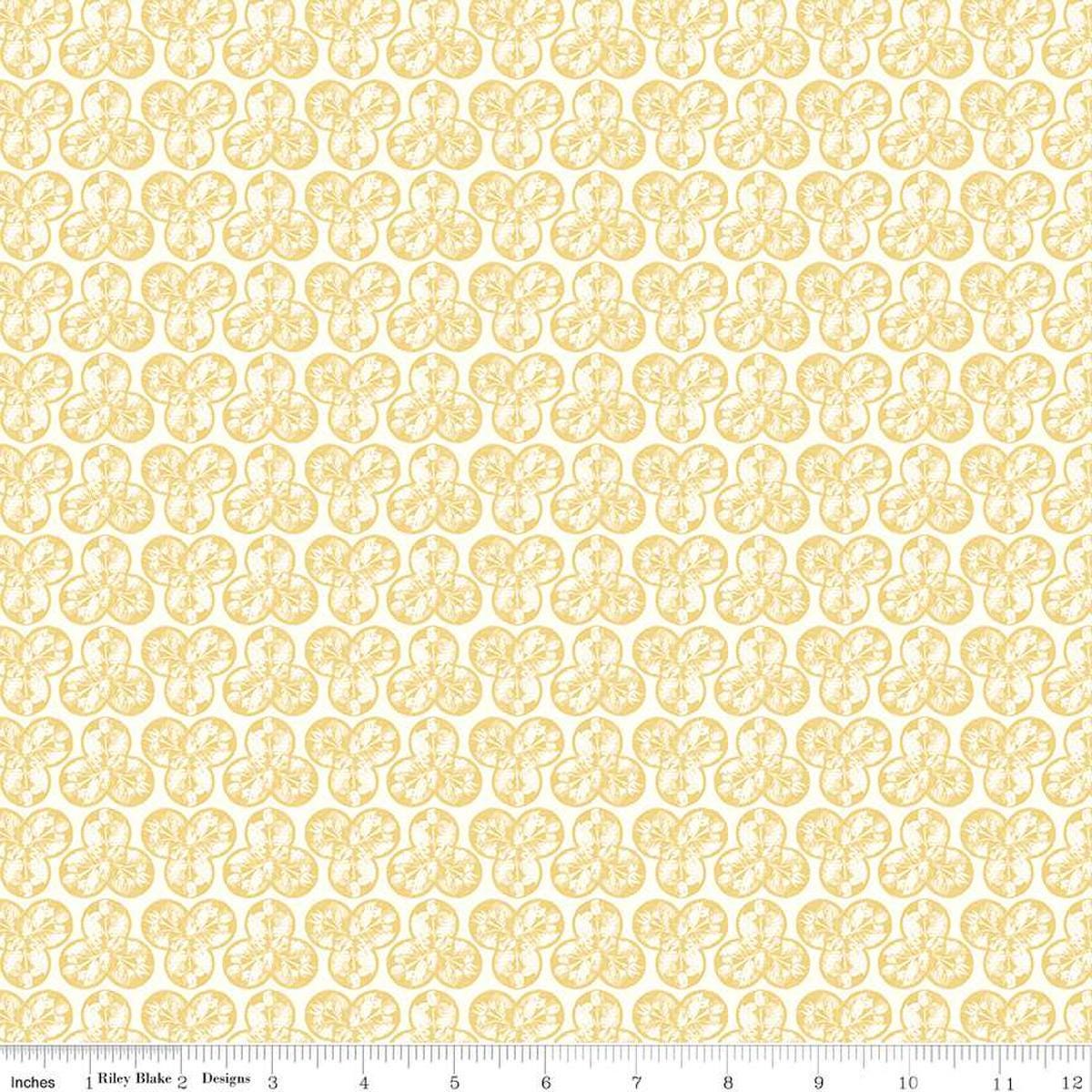 Image of the Nature's Portrait Trifolium Yellow quilting cotton fabric by Riley Blake Designs. Features leaves on a yellow background. Cute Little Fabric Shop