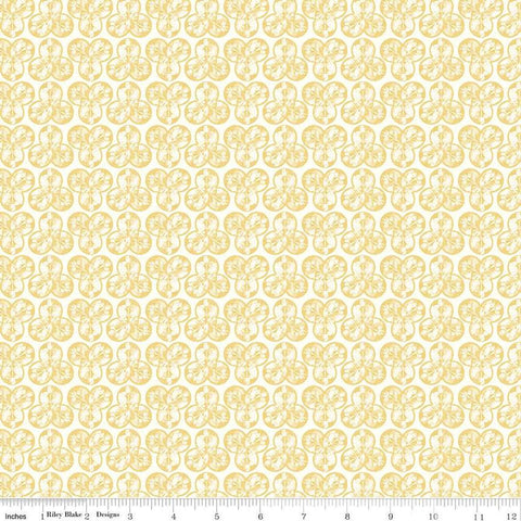 Image of the Nature&#39;s Portrait Trifolium Yellow quilting cotton fabric by Riley Blake Designs. Features leaves on a yellow background. Cute Little Fabric Shop
