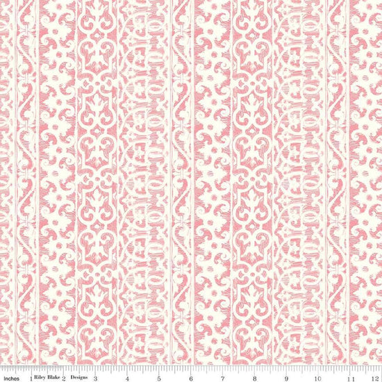 Image of the Nature's Portrait Filigree Petal quilting cotton fabric by Riley Blake Designs. Features stripes on a pink background. Cute Little Fabric Shop